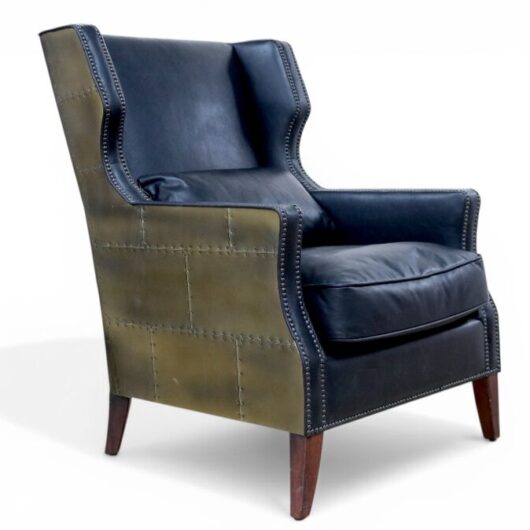 Aviator Black Leather Accent Chair Industrial Luxury Armchair with Antique Brass Aluminum Panels