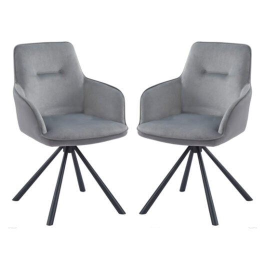 Avondale Swivel Grey French Velvet Dining Chairs In Pair