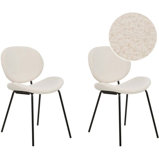 Beliani - Set of 2 Chairs Boucle Iron Black Legs Armless Leg Caps Retro Design Dining Room Seating White Luana