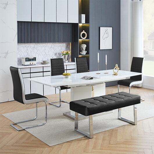 Belmonte White Dining Table Large 4 Symphony Black Chairs Bench