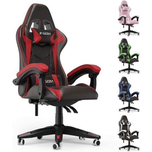 Bigzzia - Gaming Chair Office Chair Desk Chair Swivel Heavy Duty Chair Ergonomic Design with Cushion and Reclining Back Support (Black and Red)