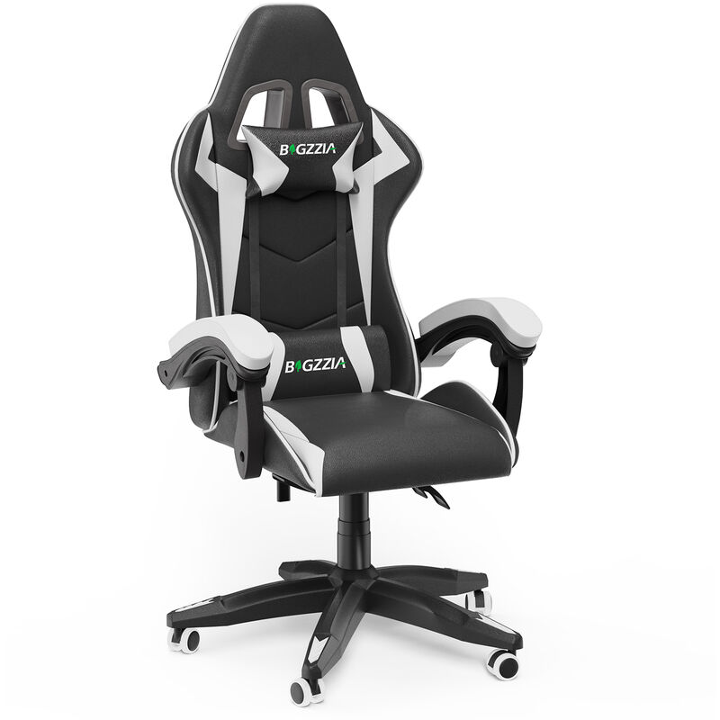 Bigzzia - Gaming Chair Office Chair Desk Chair Swivel Heavy Duty Chair Ergonomic Design with Cushion and Reclining Back Support (Black and White)