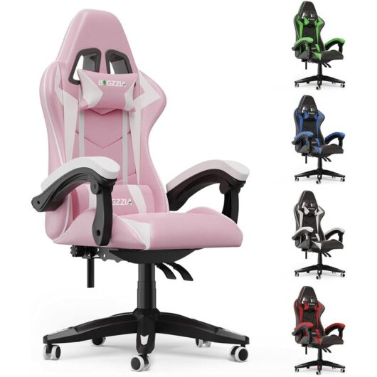 Bigzzia - Gaming Chair Office Chair Desk Chair Swivel Heavy Duty Chair Ergonomic Design with Cushion and Reclining Back Support (Pink and White)