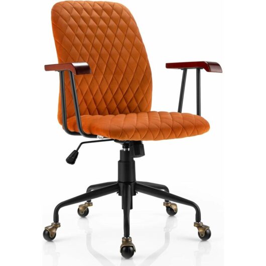 COSTWAY Velvet Office Chair, Ergonomic Swivel Computer Desk Chair with Rubber Wood Armrests, Adjustable Rolling Rocking Executive Task Chairs Tufted
