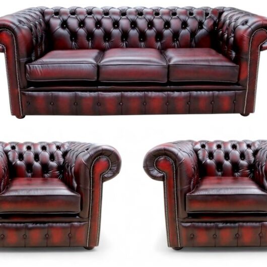Chesterfield 3 Seater + 2 x Club Chair Sofa Suite Antique Oxblood Leather