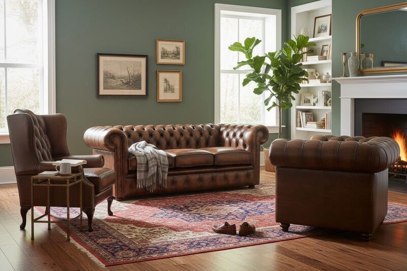 Chesterfield Leather 3 Seater + Mallory Wing Chair + Club Chair Sofa Offer Antique Tan