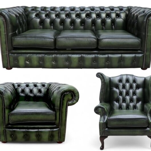 Chesterfield Leather 3 Seater / Wing Chair / Club Chair Sofa Offer Antique Green