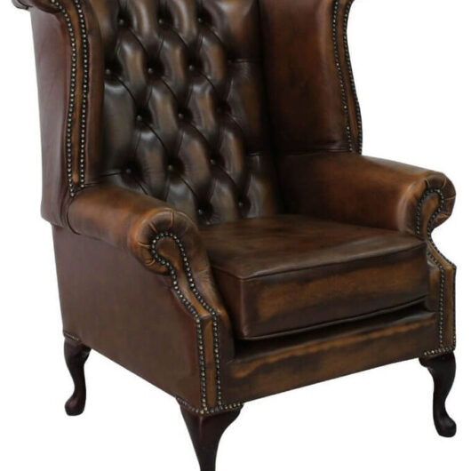 Chesterfield Queen Anne High Back Wing Chair Antique Tan Leather