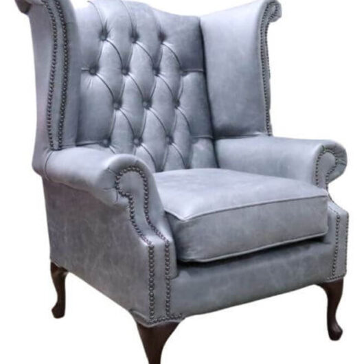 Chesterfield Queen Anne High Back Wing Chair Cracked Wax Ash Grey Leather