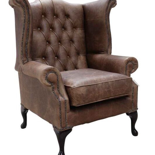 Chesterfield Queen Anne High Back Wing Chair Cracked Wax Tobacco Real Leather