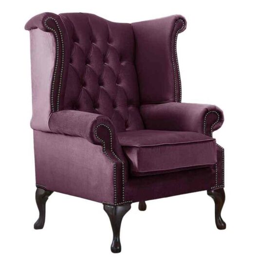Chesterfield Queen Anne High Back Wing Chair Malta Boysenberry Purple Velvet Fabric