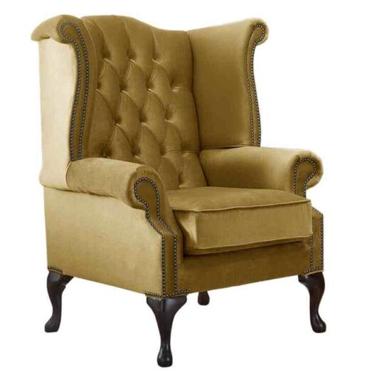 Chesterfield Queen Anne High Back Wing Chair Malta Gold Velvet Fabric