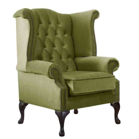 Chesterfield Queen Anne High Back Wing Chair Malta Grass Green Velvet Fabric