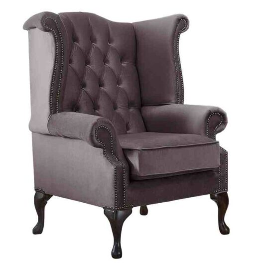 Chesterfield Queen Anne High Back Wing Chair Malta Lavender Purple Velvet Fabric