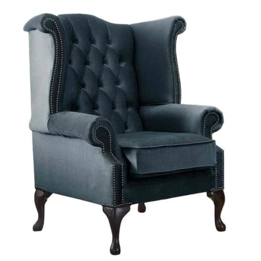Chesterfield Queen Anne High Back Wing Chair Malta Peacock Blue Velvet Fabric