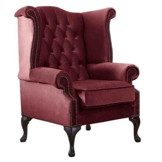 Chesterfield Queen Anne High Back Wing Chair Malta Red Velvet Fabric