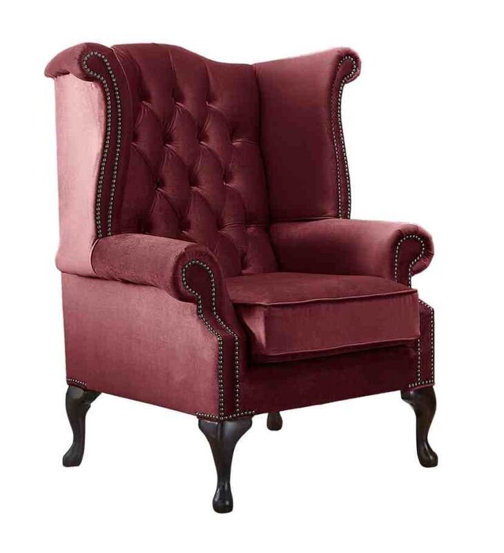 Chesterfield Queen Anne High Back Wing Chair Malta Red Velvet Fabric