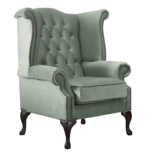 Chesterfield Queen Anne High Back Wing Chair Malta Seaspray Blue Velvet Fabric