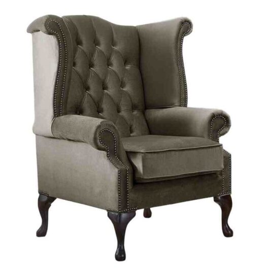 Chesterfield Queen Anne High Back Wing Chair Malta Taupe Beige Velvet Fabric
