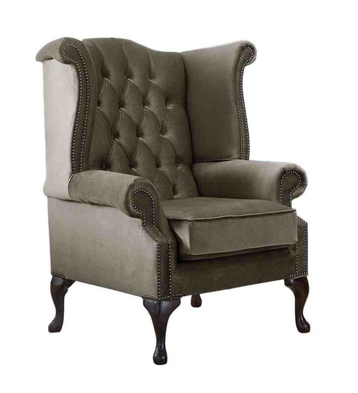 Chesterfield Queen Anne High Back Wing Chair Malta Taupe Beige Velvet Fabric