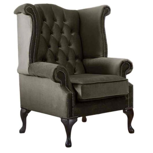 Chesterfield Queen Anne High Back Wing Chair Mushroom Brown Velvet Fabric