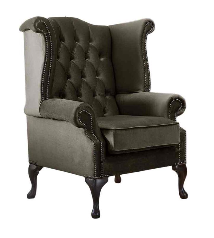 Chesterfield Queen Anne High Back Wing Chair Mushroom Brown Velvet Fabric