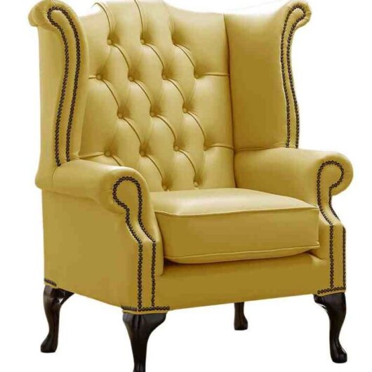 Chesterfield Queen Anne High Back Wing Chair Shelly Dark Deluca Real Leather