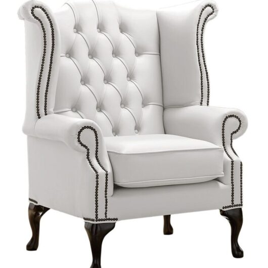 Chesterfield Queen Anne High Back Wing Chair Shelly White Leather