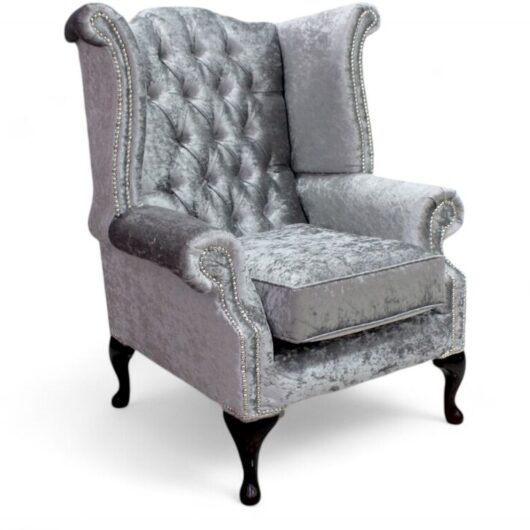 Chesterfield Queen Anne High Back Wing Chair Shimmer Silver Velvet