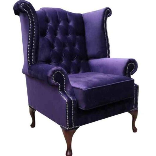 Chesterfield Velvet Queen Anne Wing Chair Amethyst Purple Velvet