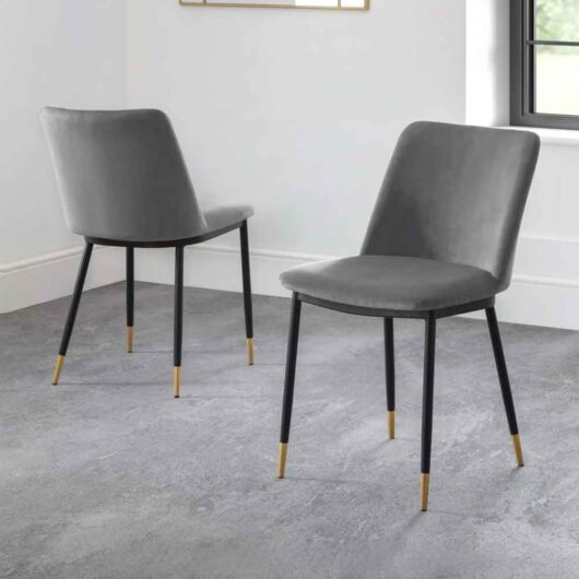Devlune Grey Velvet Dining Chairs with Black Legs in Pair