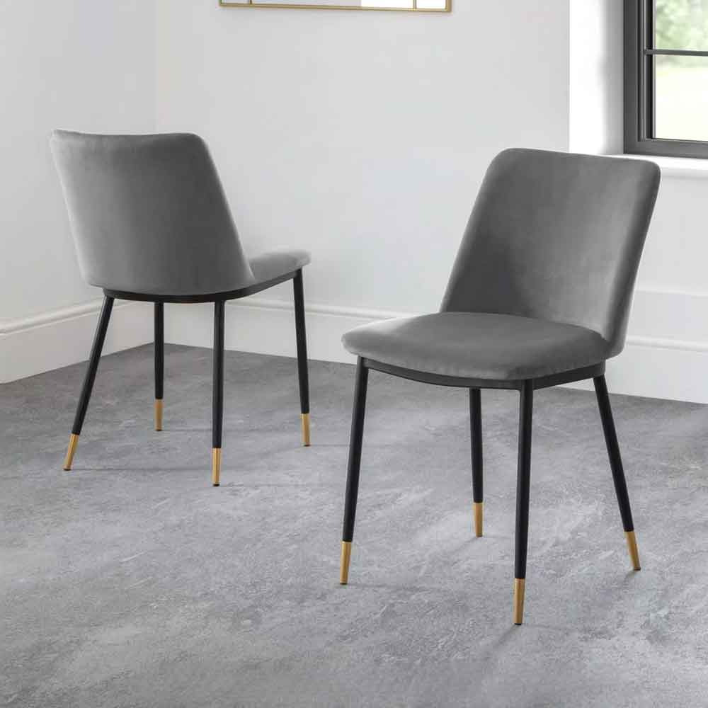 Devlune Grey Velvet Dining Chairs with Black Legs in Pair