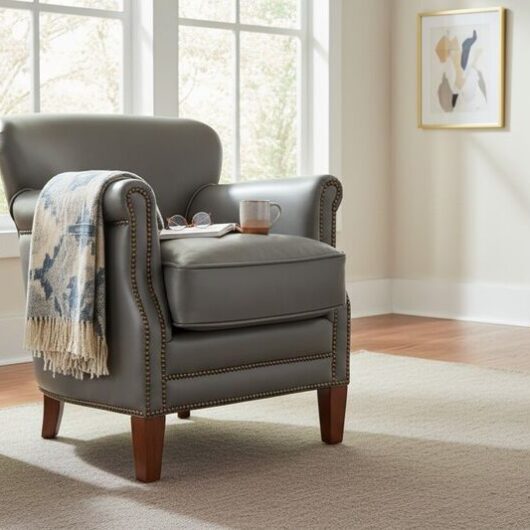 Grey Leather Club Chair With Nailhead Trim