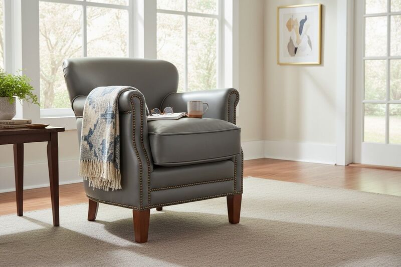 Grey Leather Club Chair With Nailhead Trim