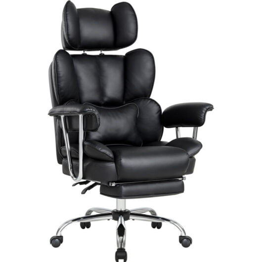 IWMH office chair with high backrest and lumbar cushion, ergonomic executive chair with pull-out footrest, height-adjustable swivel chair - PU