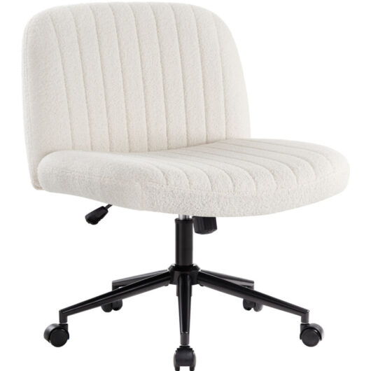 IWMH office chair without armrests, height-adjustable swivel chair with casters, desk chair with medium backrest - teddy fabric - white