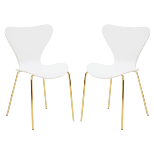 Leila White Plastic Dining Chairs With Gold Metal legs In A Pair