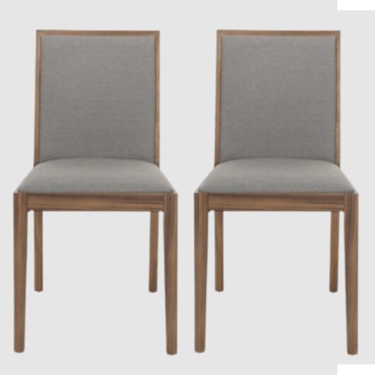 Lotus Walnut Wooden Dining Chairs With Grey Fabric Seat In Pair