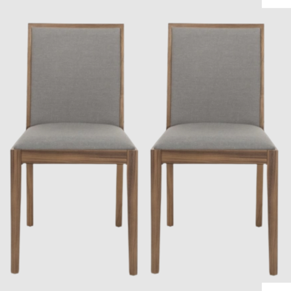Lotus Walnut Wooden Dining Chairs With Grey Fabric Seat In Pair