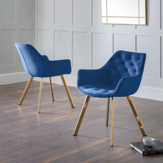 Lynaro Blue Velvet Dining Chairs with Golden Legs in Pair
