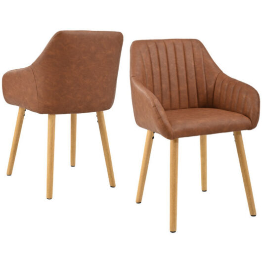 Minimalist dining chairs with comfortable backrests, ergonomic armrests and sturdy wooden legs - Set of 2 - Brown