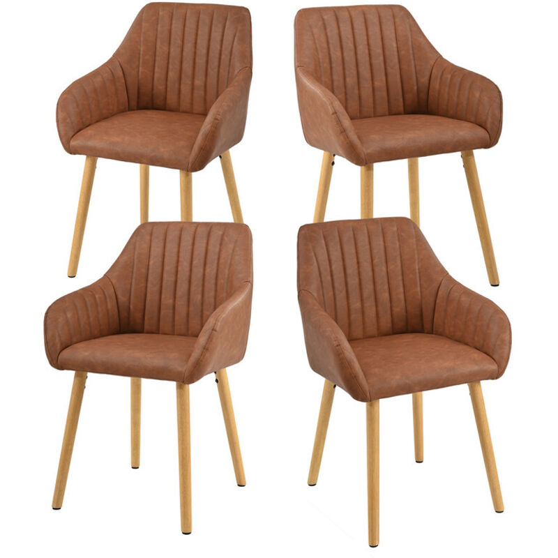 Minimalist dining chairs with comfortable backrests, ergonomic armrests and sturdy wooden legs - Set of 4 - Brown
