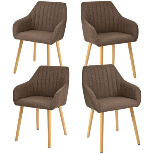 Minimalist dining chairs with comfortable backrests, ergonomic armrests and sturdy wooden legs - Set of 4 - Mocha Brown