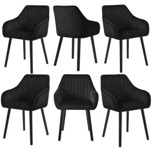 Minimalist dining chairs with comfortable backrests, ergonomic armrests and sturdy wooden legs - Set of 6 - Black