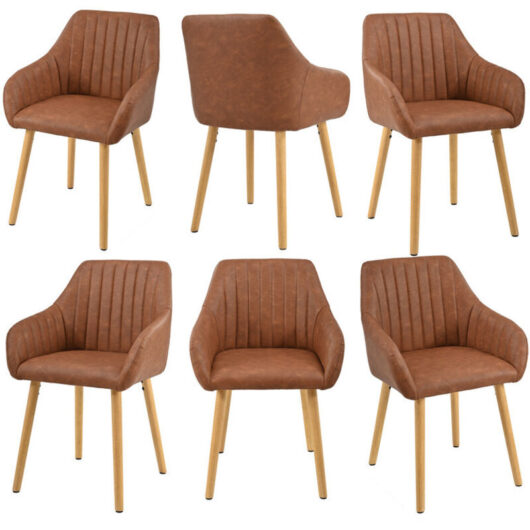 Minimalist dining chairs with comfortable backrests, ergonomic armrests and sturdy wooden legs - Set of 6 - Brown