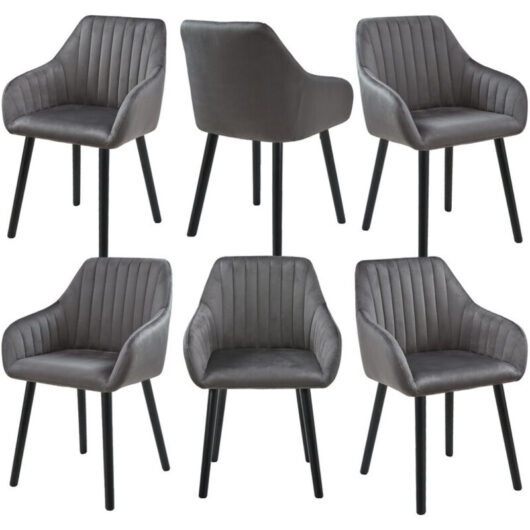 Minimalist dining chairs with comfortable backrests, ergonomic armrests and sturdy wooden legs - Set of 6 - Dark Grey