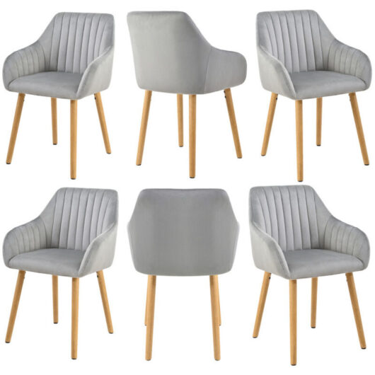 Minimalist dining chairs with comfortable backrests, ergonomic armrests and sturdy wooden legs - Set of 6 - Light Grey