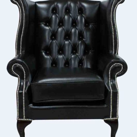 Old English Black Leather Chesterfield Queen Anne High Back Wing Chair | DesignerSofas4U