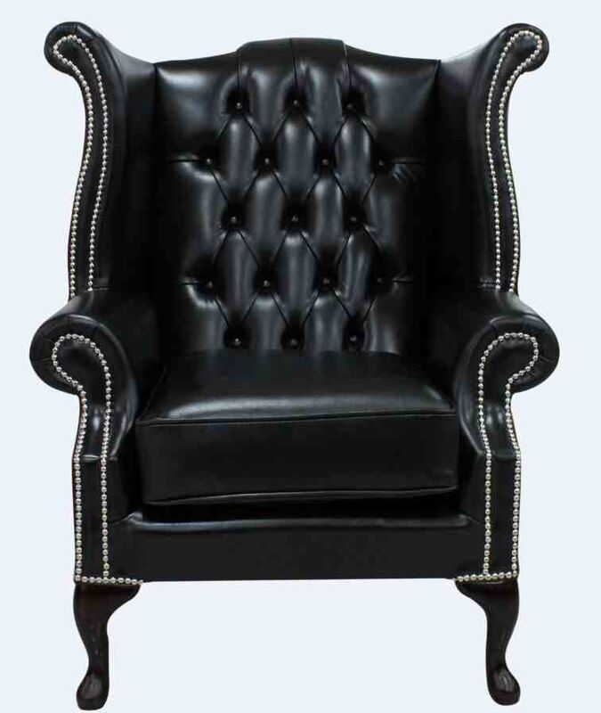 Old English Black Leather Chesterfield Queen Anne High Back Wing Chair | DesignerSofas4U