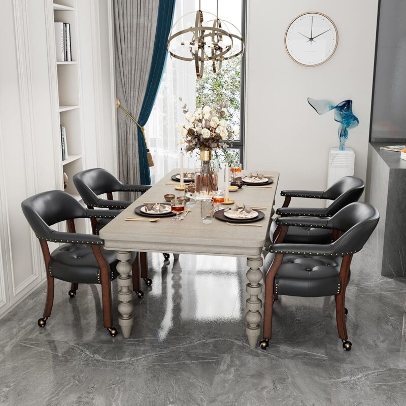PADMA HOUSE Set of 4 Large Dining Chairs with Casters and Arms, Rolling Dining Chair with Wheels, Accent Game-Chairs Boss Caption's Chair, 66CM x